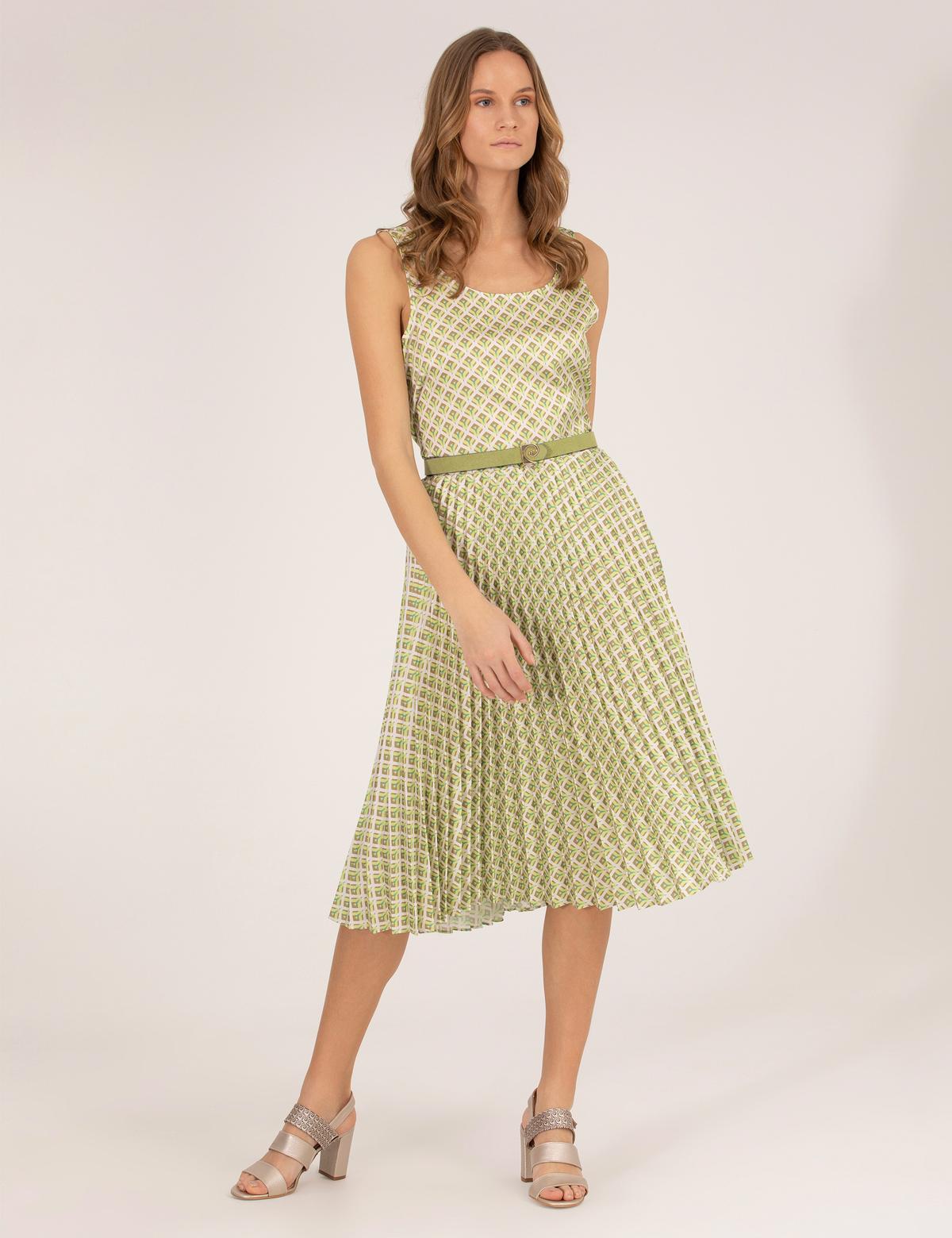 Yeşil Desenli Pileli Midi Etek