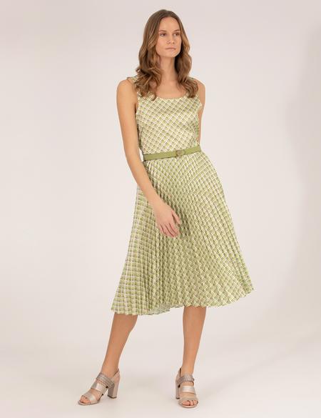 Yeşil Desenli Pileli Midi Etek - 50269324007