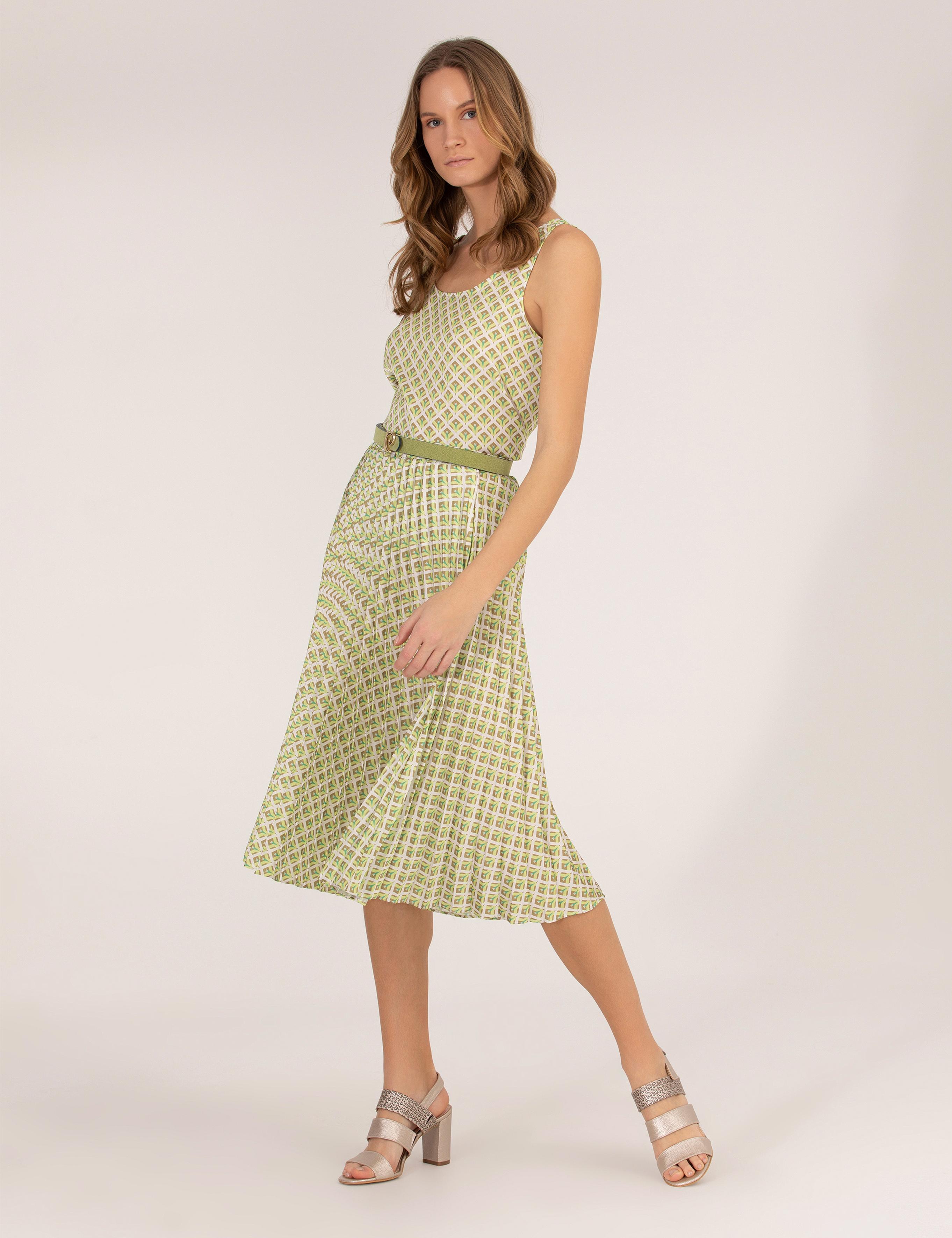 Yeşil Desenli Pileli Midi Etek