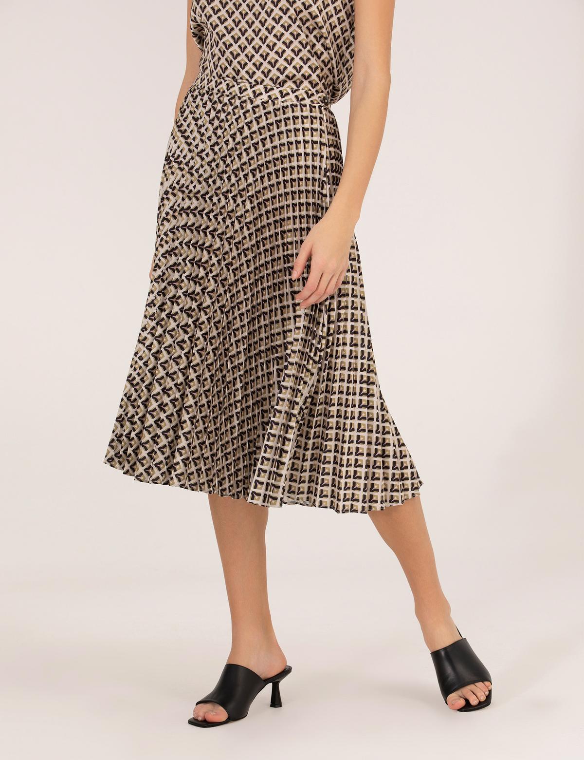 Siyah Desenli Pileli Midi Etek - 50269324024