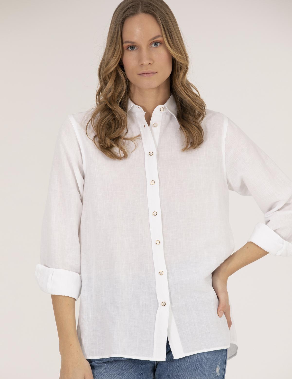 Beyaz Keten Karışımlı Gömlek - 50262568018