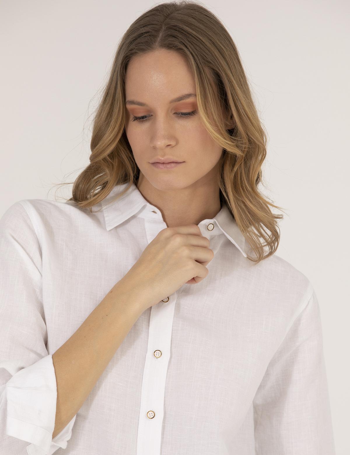 Beyaz Keten Karışımlı Gömlek - 50262568018