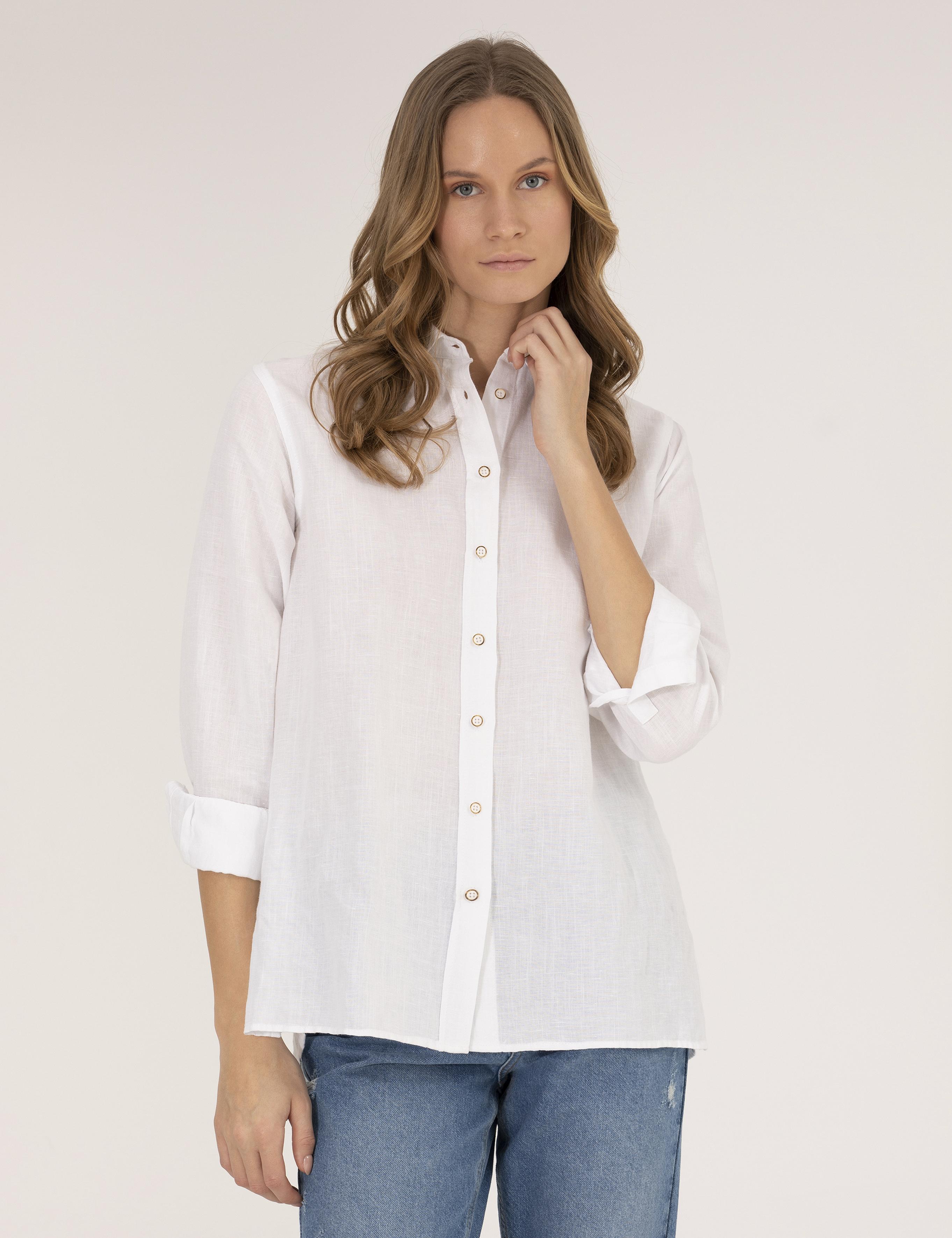 Beyaz Keten Karışımlı Gömlek