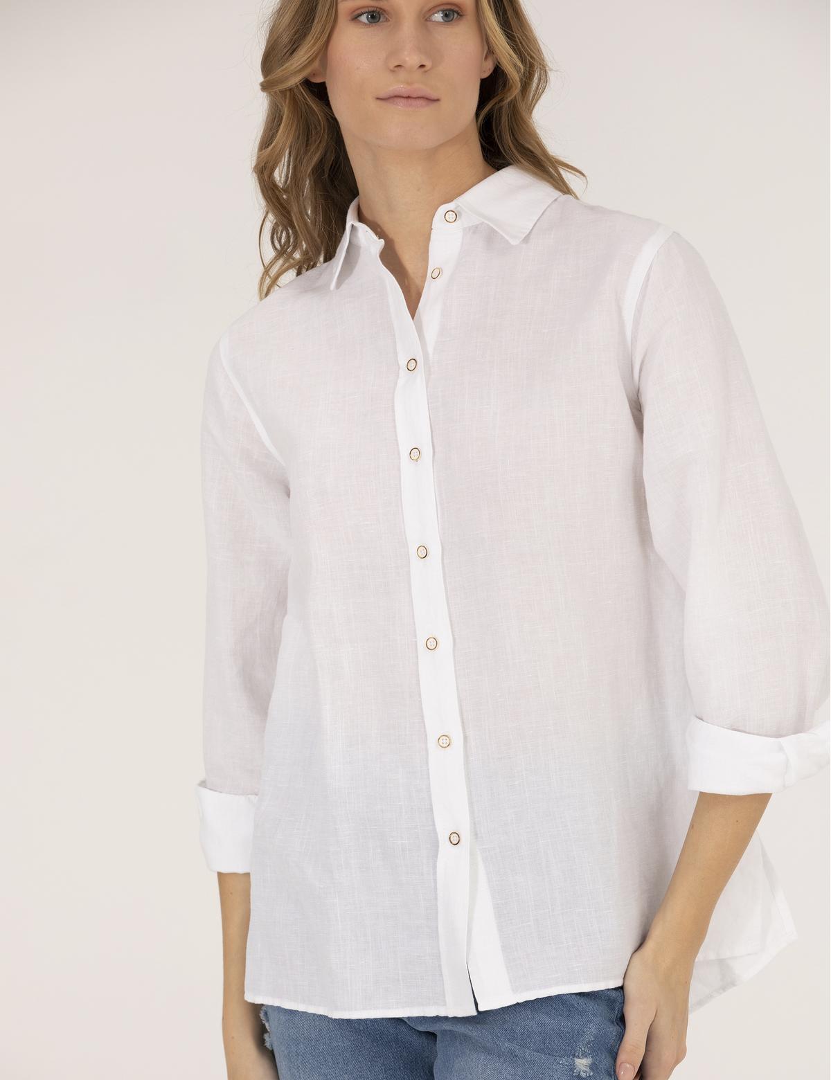 Beyaz Keten Karışımlı Gömlek - 50262568018