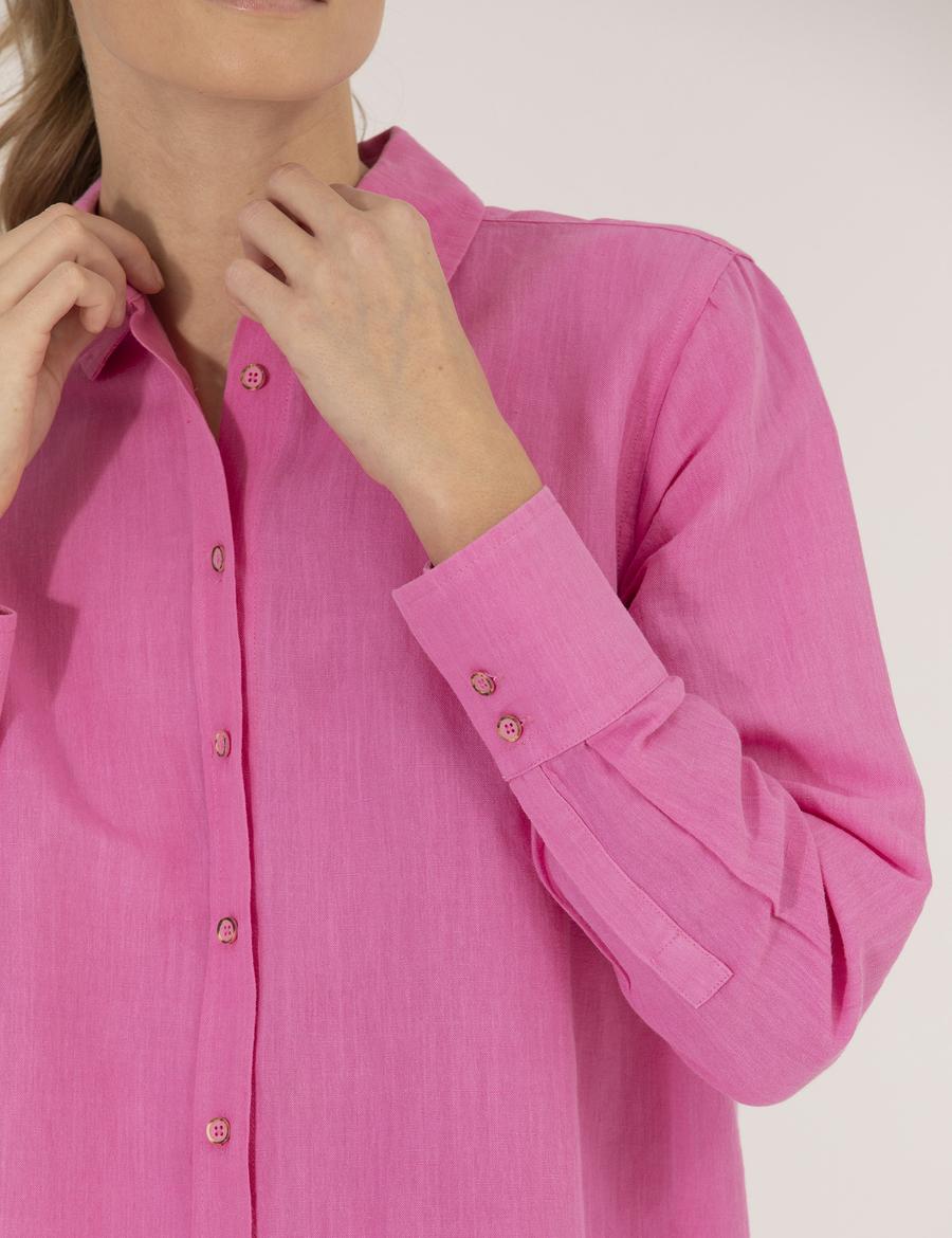 Pembe Keten Karışımlı Gömlek