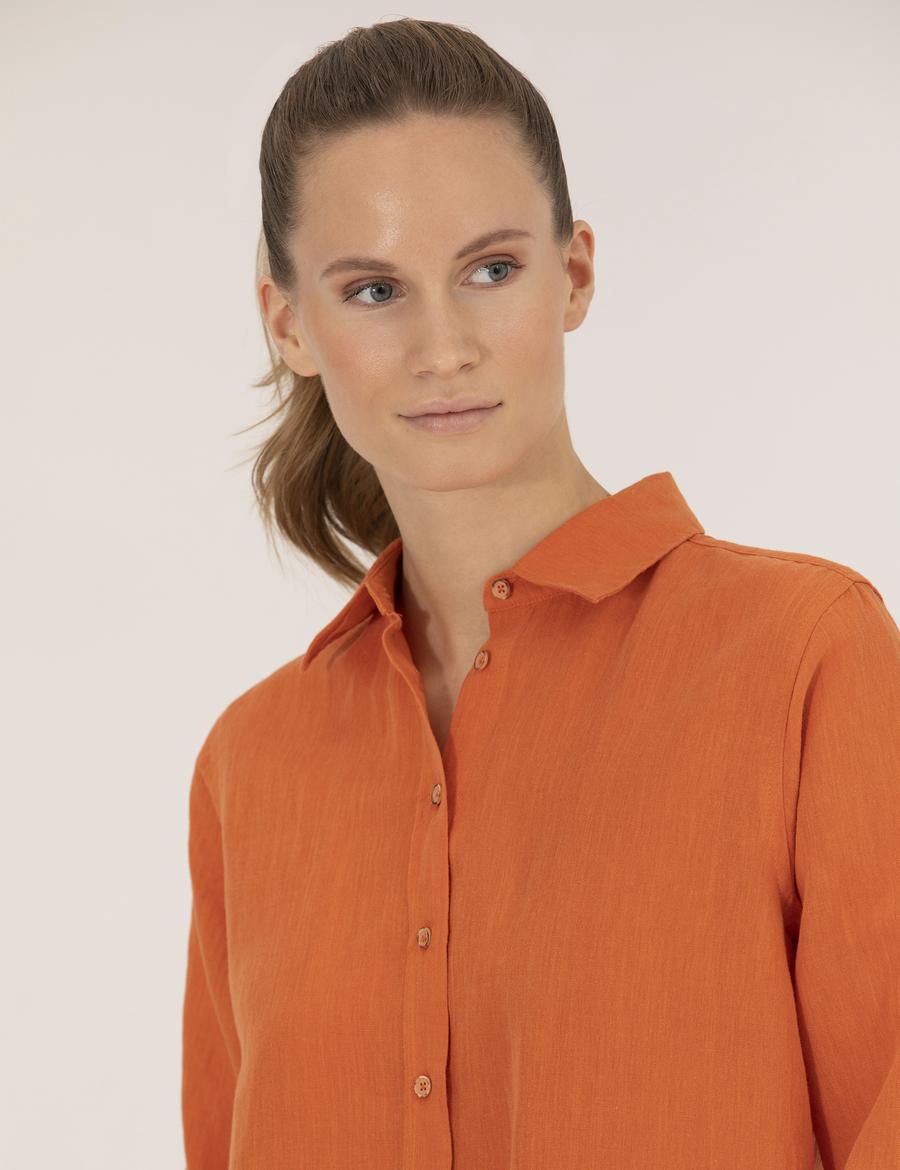 Turuncu Keten Karışımlı Gömlek