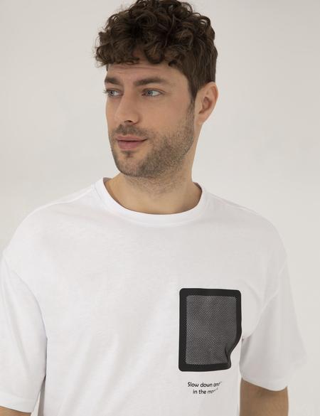 Beyaz Comfort Fit Baskılı Bisiklet Yaka Tişört - 50262628024