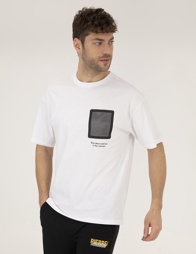 Beyaz Comfort Fit Baskılı Bisiklet Yaka Tişört