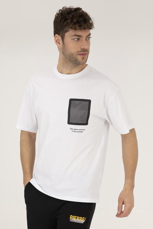 Beyaz Comfort Fit Baskılı Bisiklet Yaka Tişört