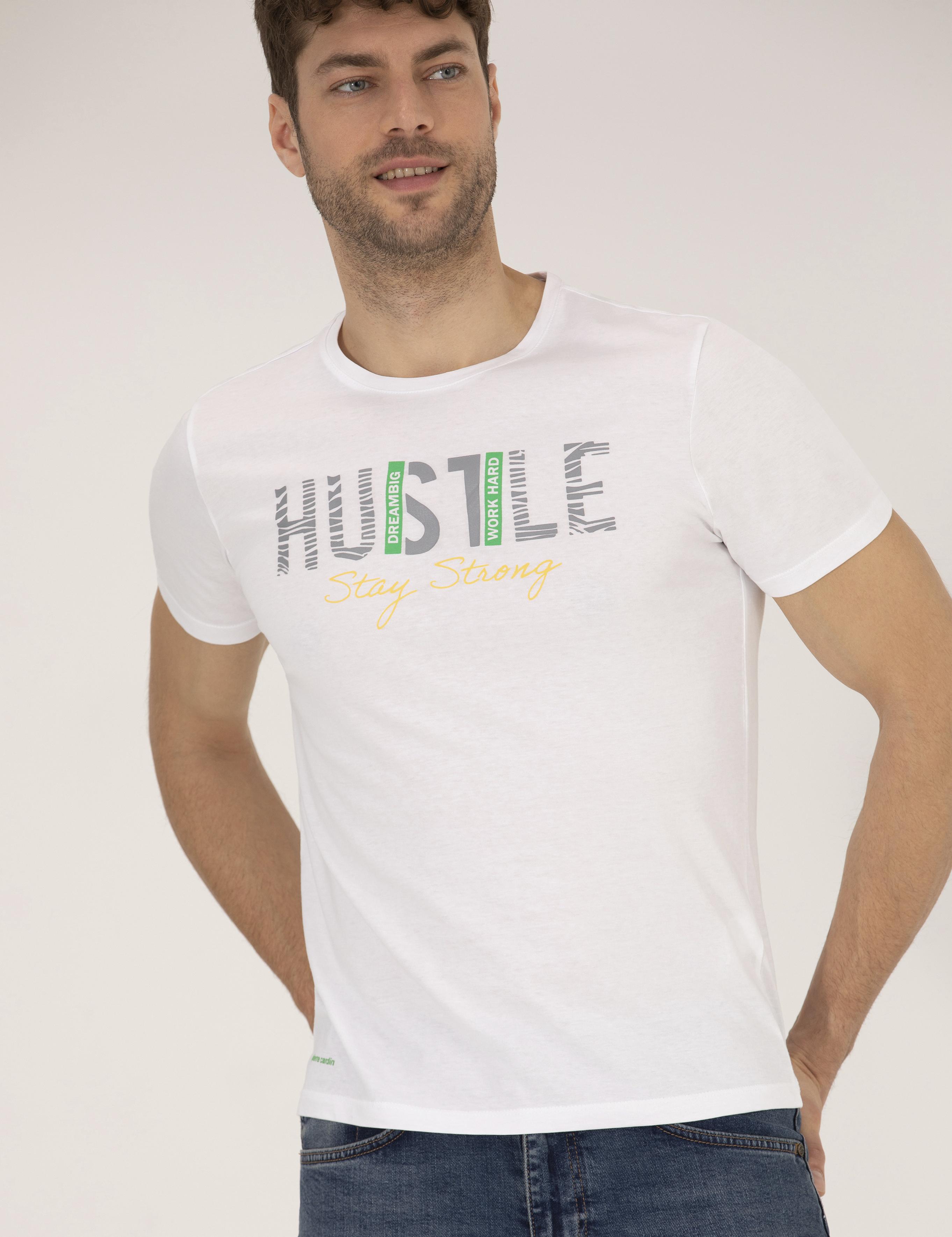 Beyaz Slim Fit Baskılı Bisiklet Yaka Tişört