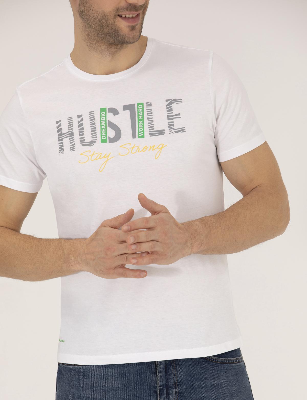 Beyaz Slim Fit Baskılı Bisiklet Yaka Tişört - 50262662074