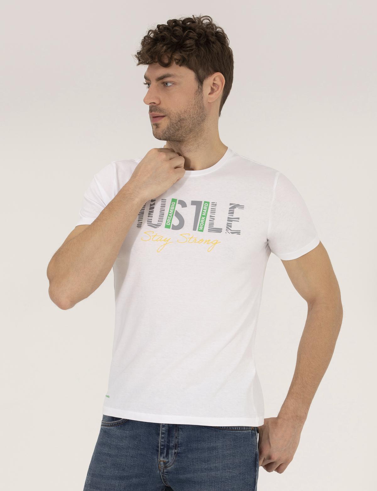 Beyaz Slim Fit Baskılı Bisiklet Yaka Tişört