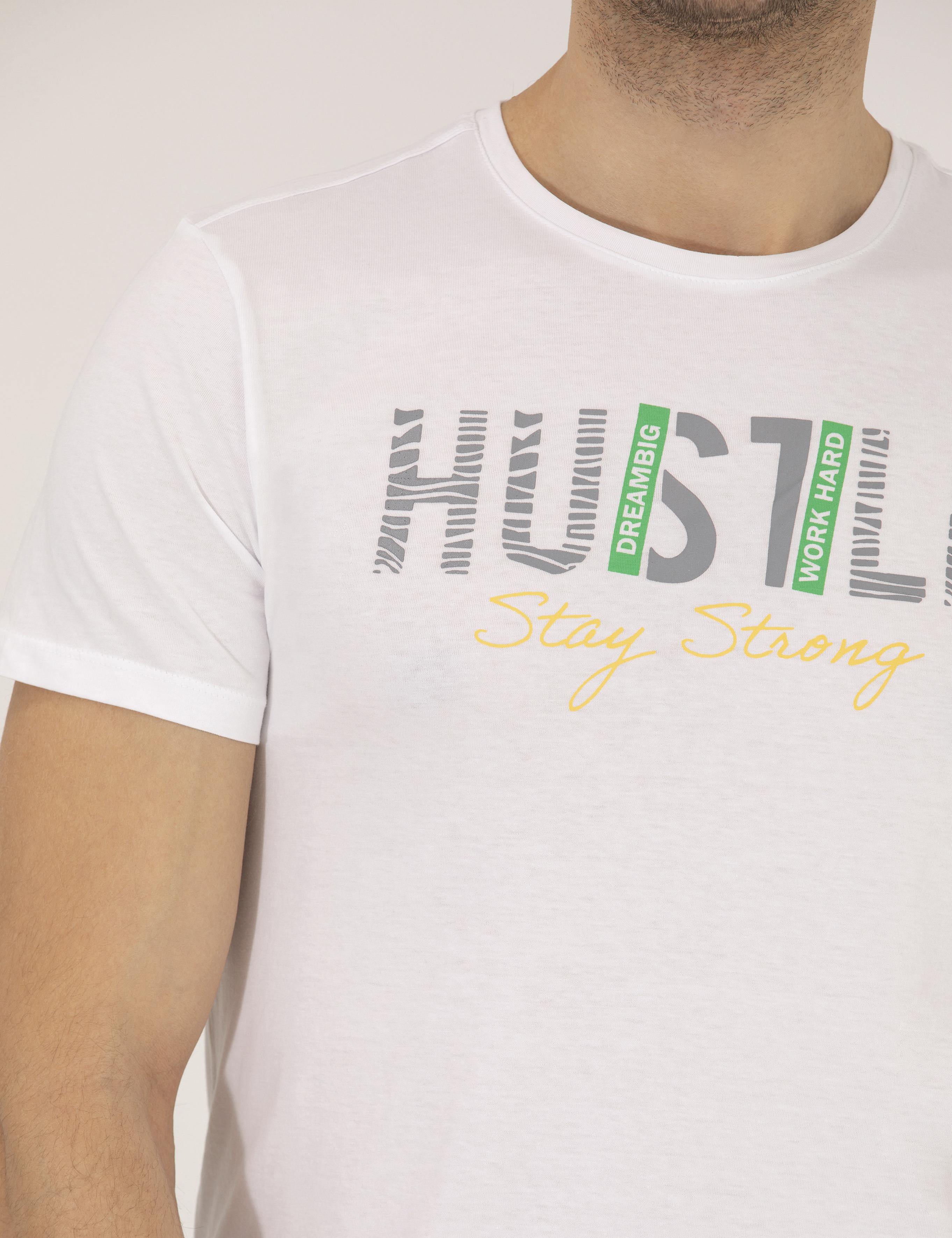 Beyaz Slim Fit Baskılı Bisiklet Yaka Tişört