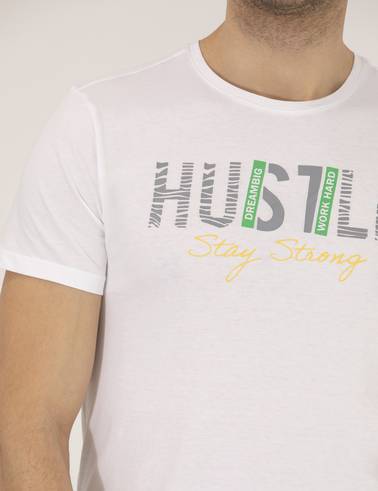 Beyaz Slim Fit Baskılı Bisiklet Yaka Tişört