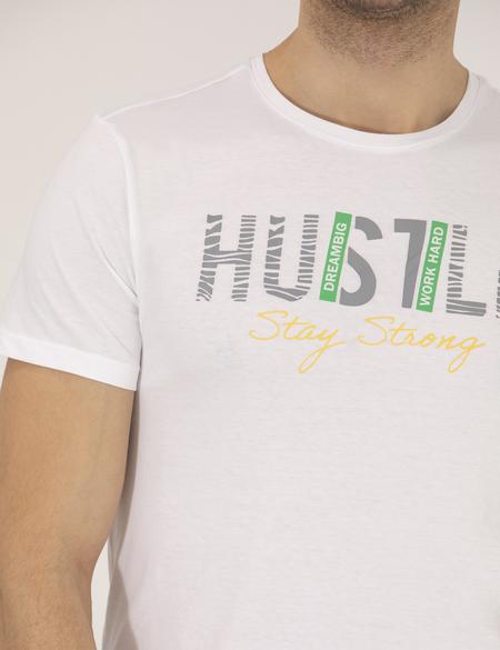 Beyaz Slim Fit Baskılı Bisiklet Yaka Tişört - 50262662074