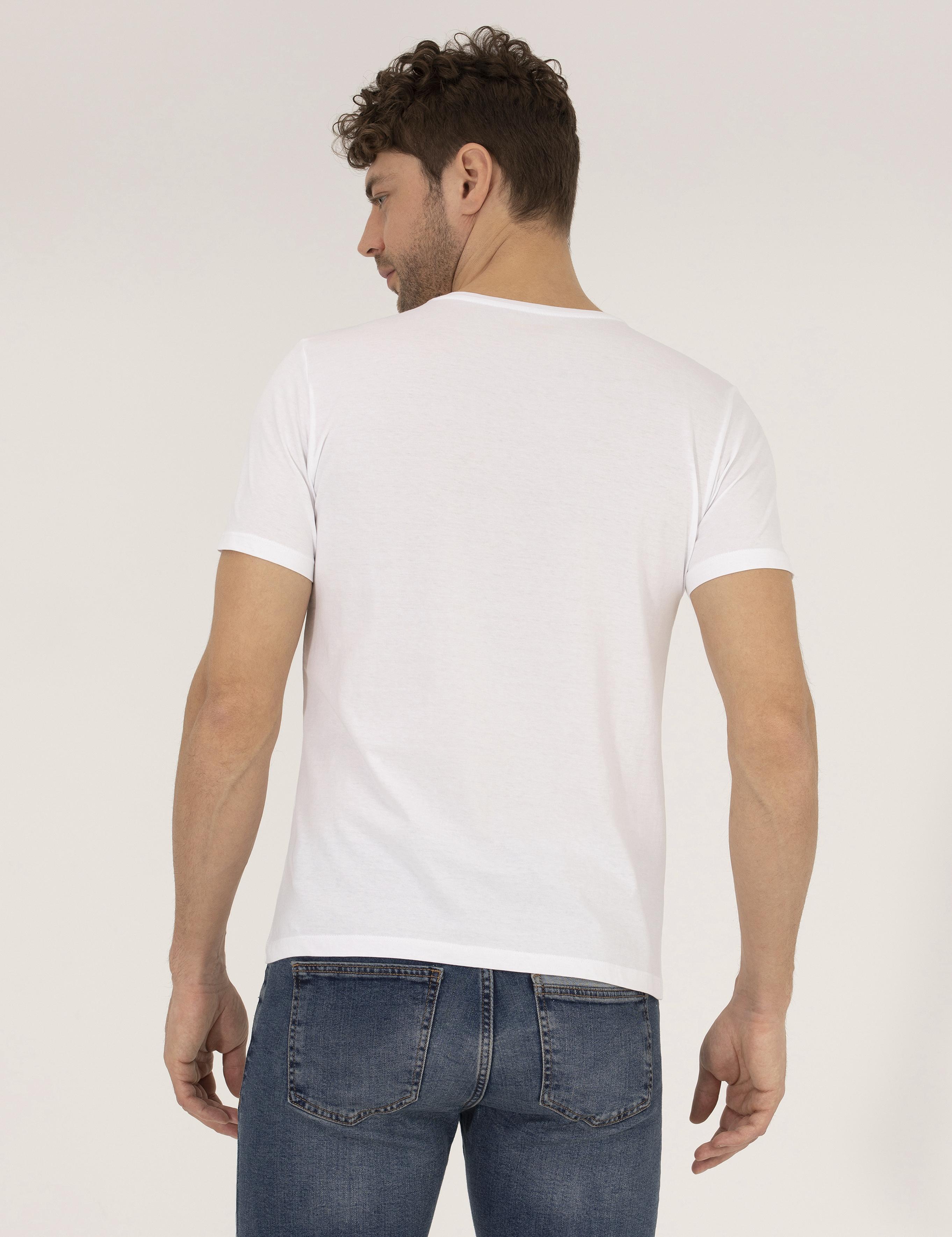 Beyaz Slim Fit Baskılı Bisiklet Yaka Tişört