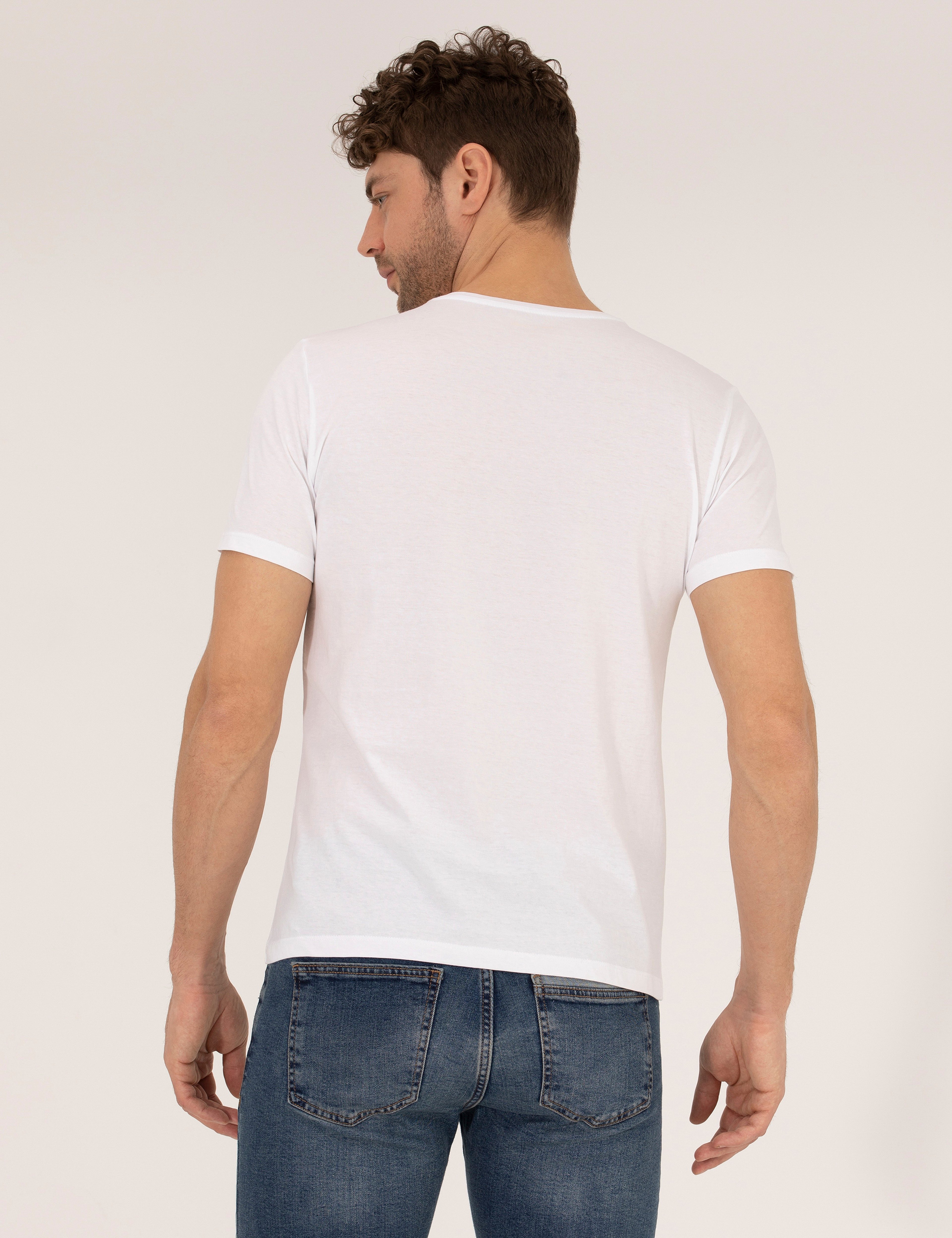 Beyaz Slim Fit Baskılı Bisiklet Yaka Tişört - Image 5