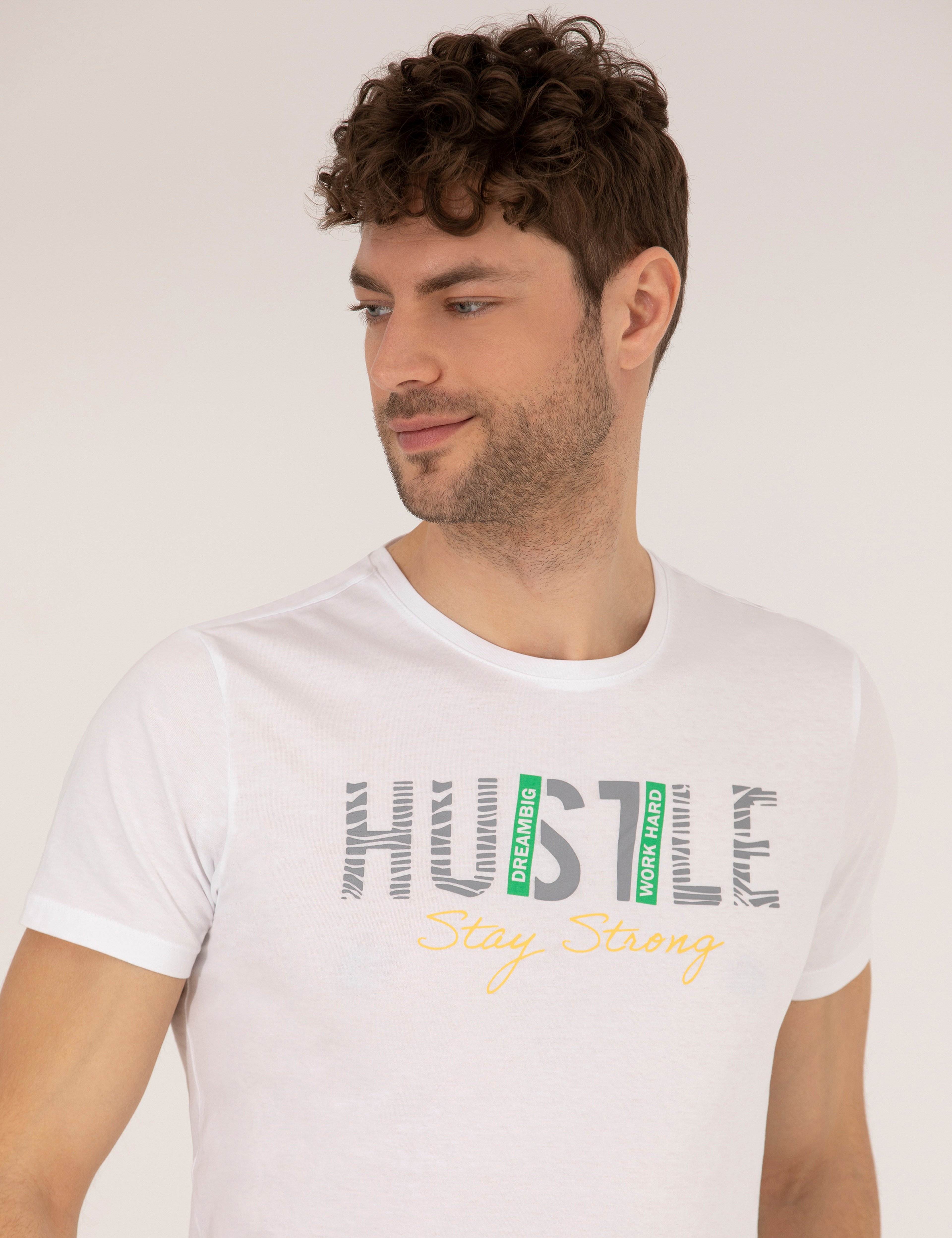 Beyaz Slim Fit Baskılı Bisiklet Yaka Tişört - Image 3