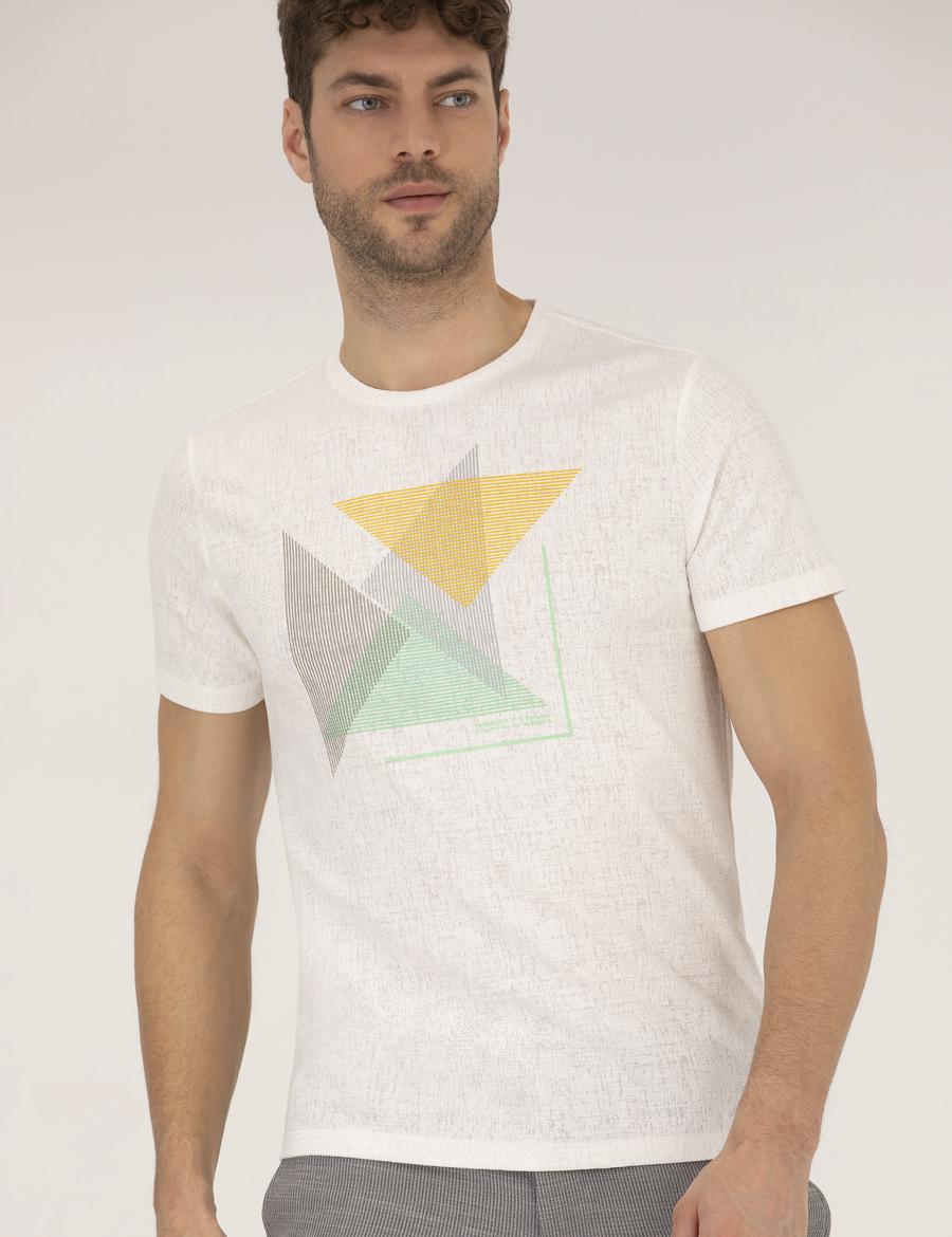 Açık Yeşil Slim Fit Baskılı Bisiklet Yaka Tişört