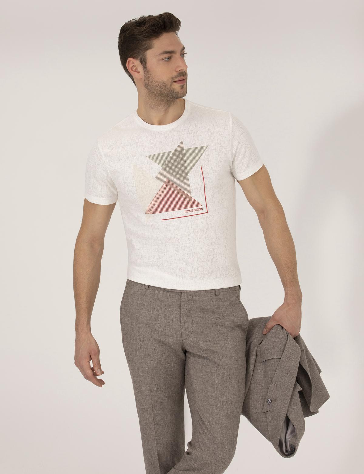 Kırmızı Slim Fit Baskılı Bisiklet Yaka Tişört