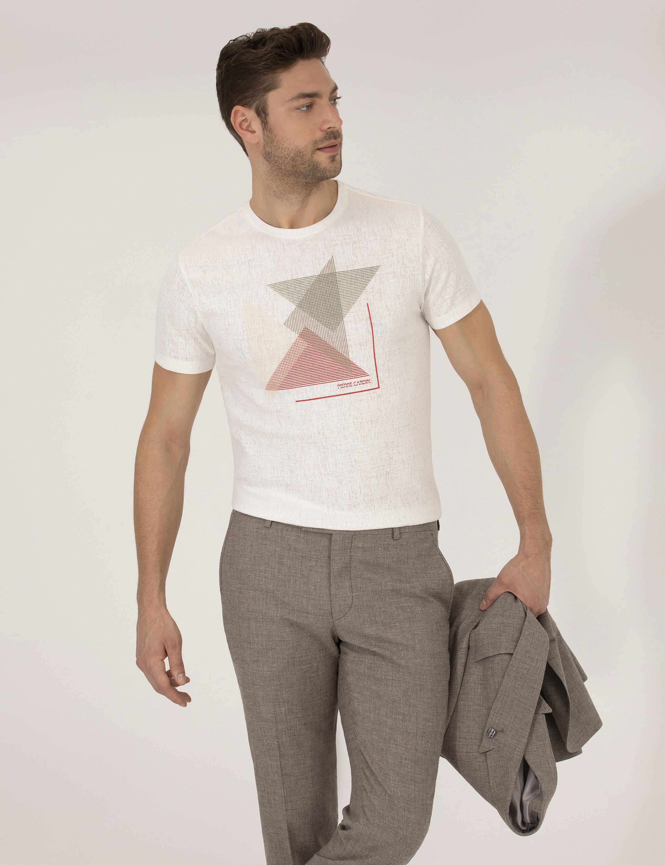 Kırmızı Slim Fit Baskılı Bisiklet Yaka Tişört