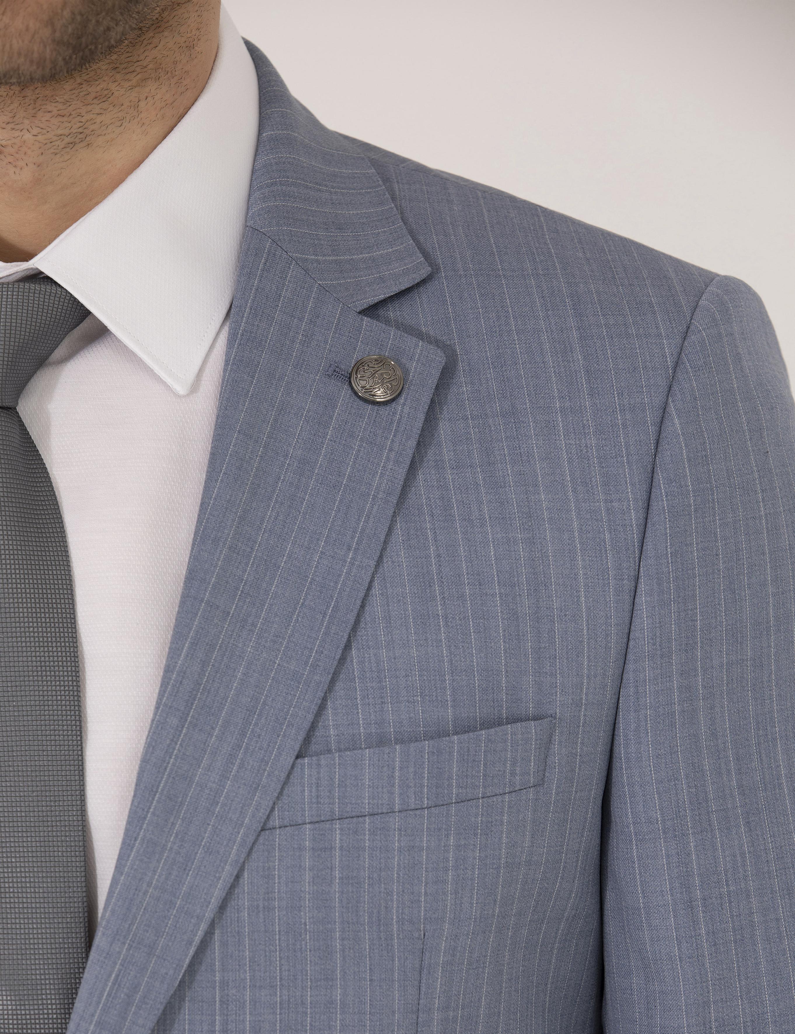 Mavi Çizgili Ekstra Slim Fit Yün Takım Elbise