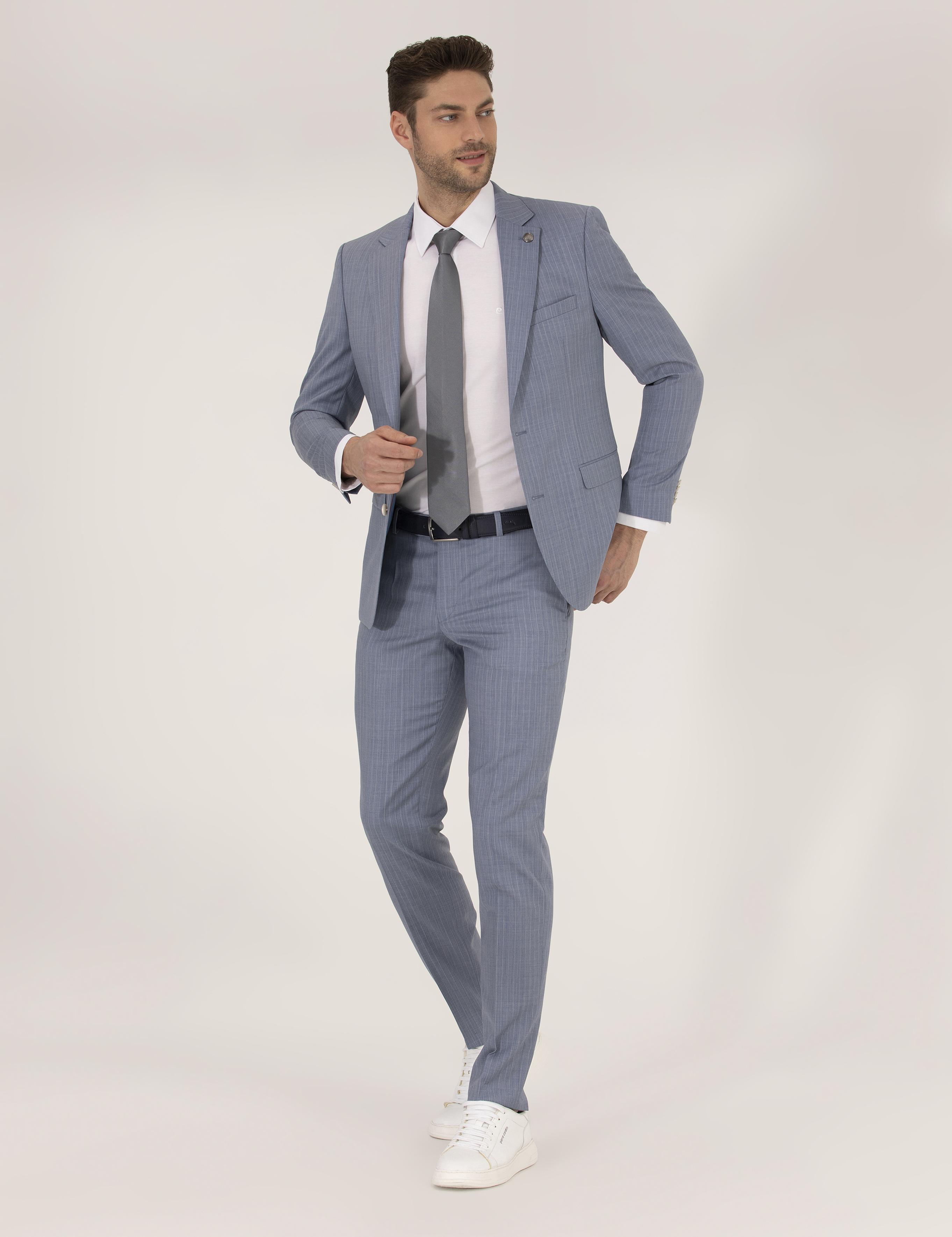 Mavi Çizgili Ekstra Slim Fit Yün Takım Elbise