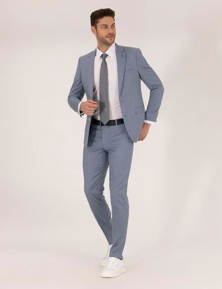 Mavi Çizgili Ekstra Slim Fit Yün Takım Elbise - 50264967005