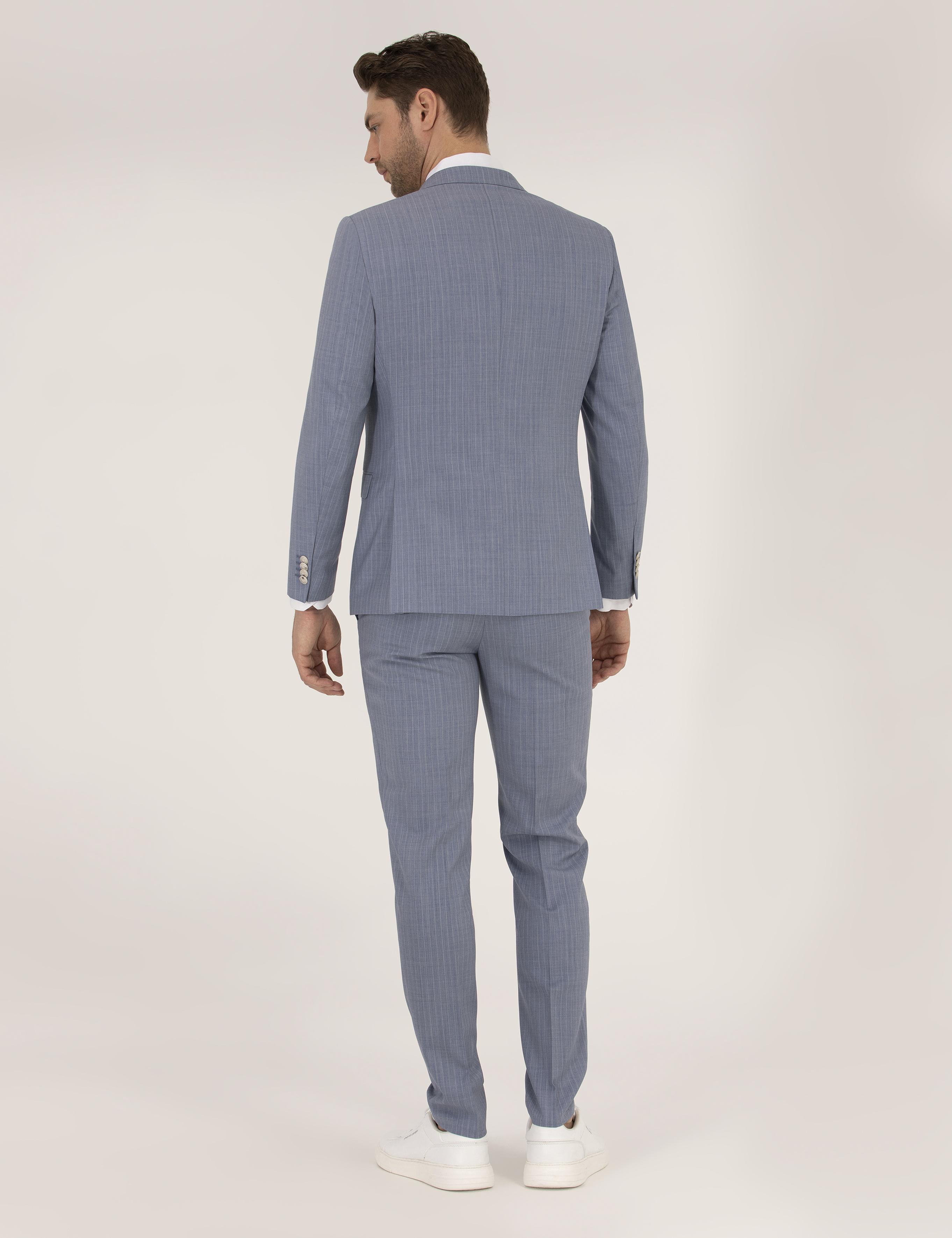 Mavi Çizgili Ekstra Slim Fit Yün Takım Elbise