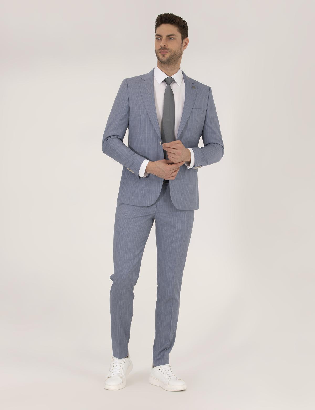 Mavi Çizgili Ekstra Slim Fit Yün Takım Elbise