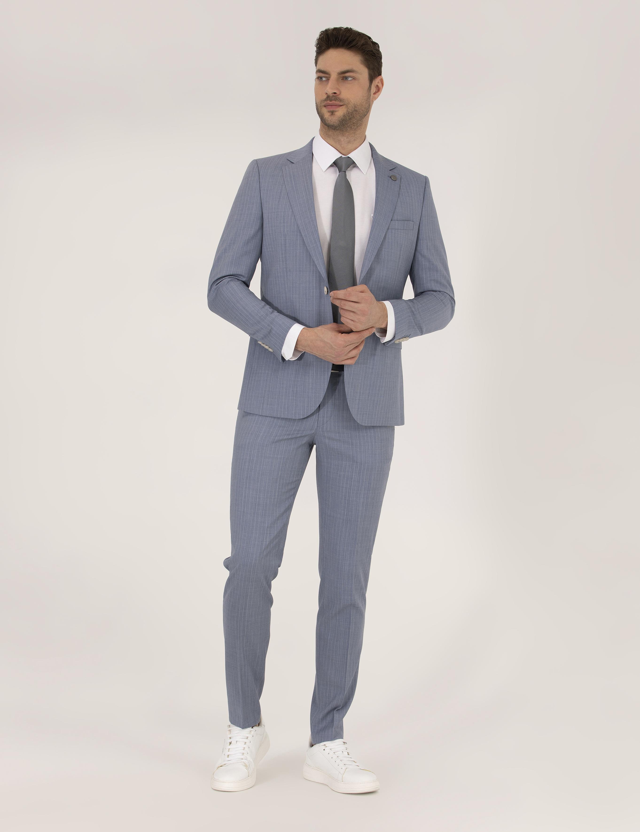 Mavi Çizgili Ekstra Slim Fit Yün Takım Elbise