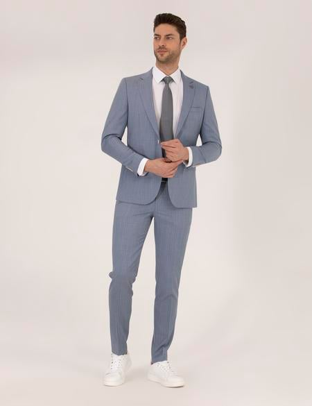 Mavi Çizgili Ekstra Slim Fit Yün Takım Elbise - 50264967005