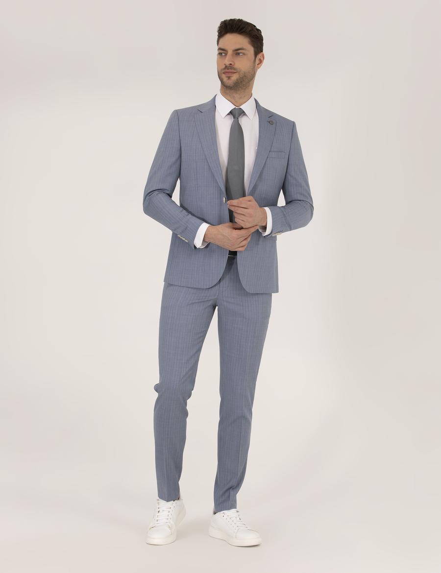 Mavi Çizgili Ekstra Slim Fit Yün Takım Elbise