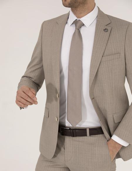 Bej Çizgili Ekstra Slim Fit Yün Takım Elbise - 50264967044