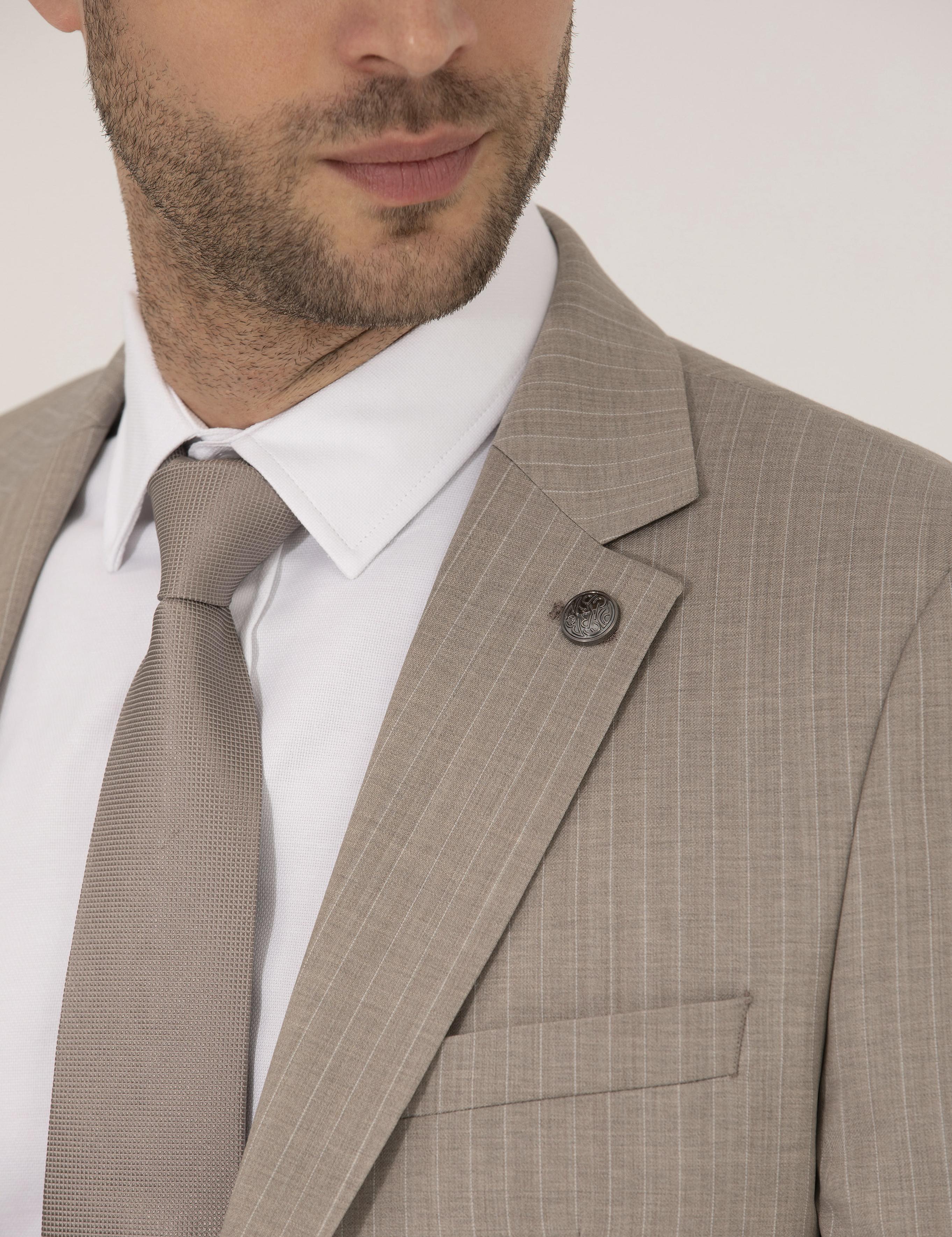 Bej Çizgili Ekstra Slim Fit Yün Takım Elbise