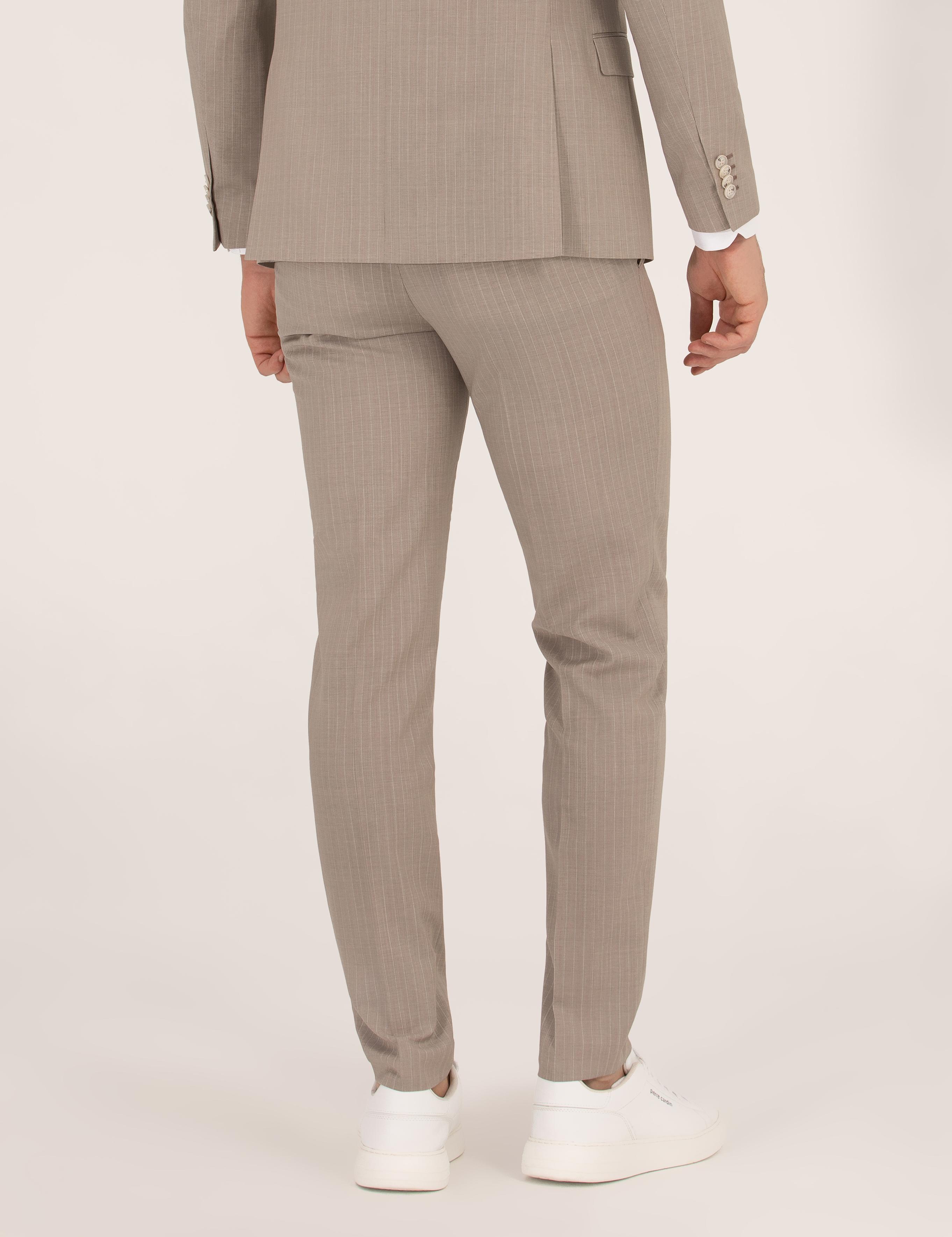 Bej Çizgili Ekstra Slim Fit Yün Takım Elbise