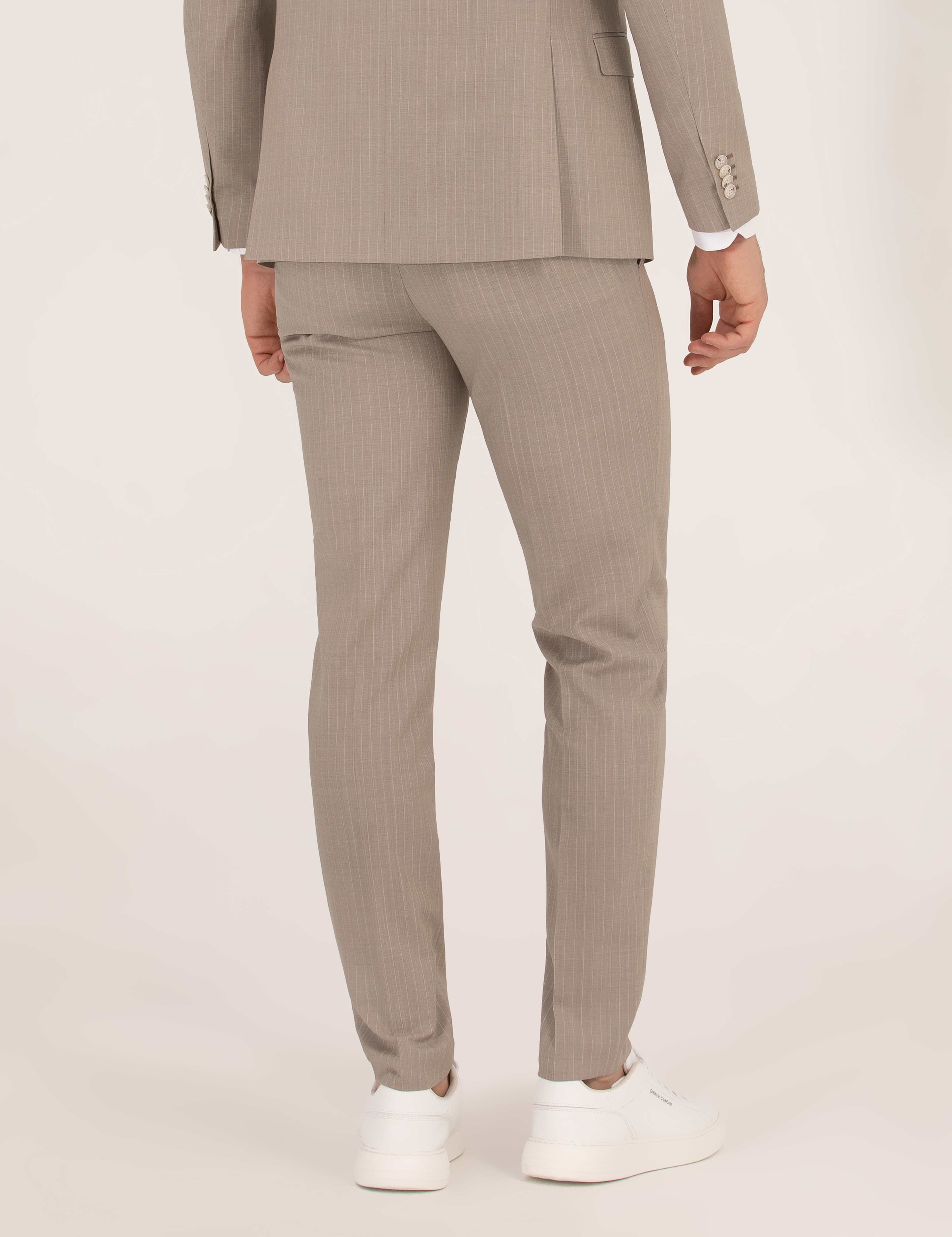 Bej Çizgili Ekstra Slim Fit Yün Takım Elbise - Image 4