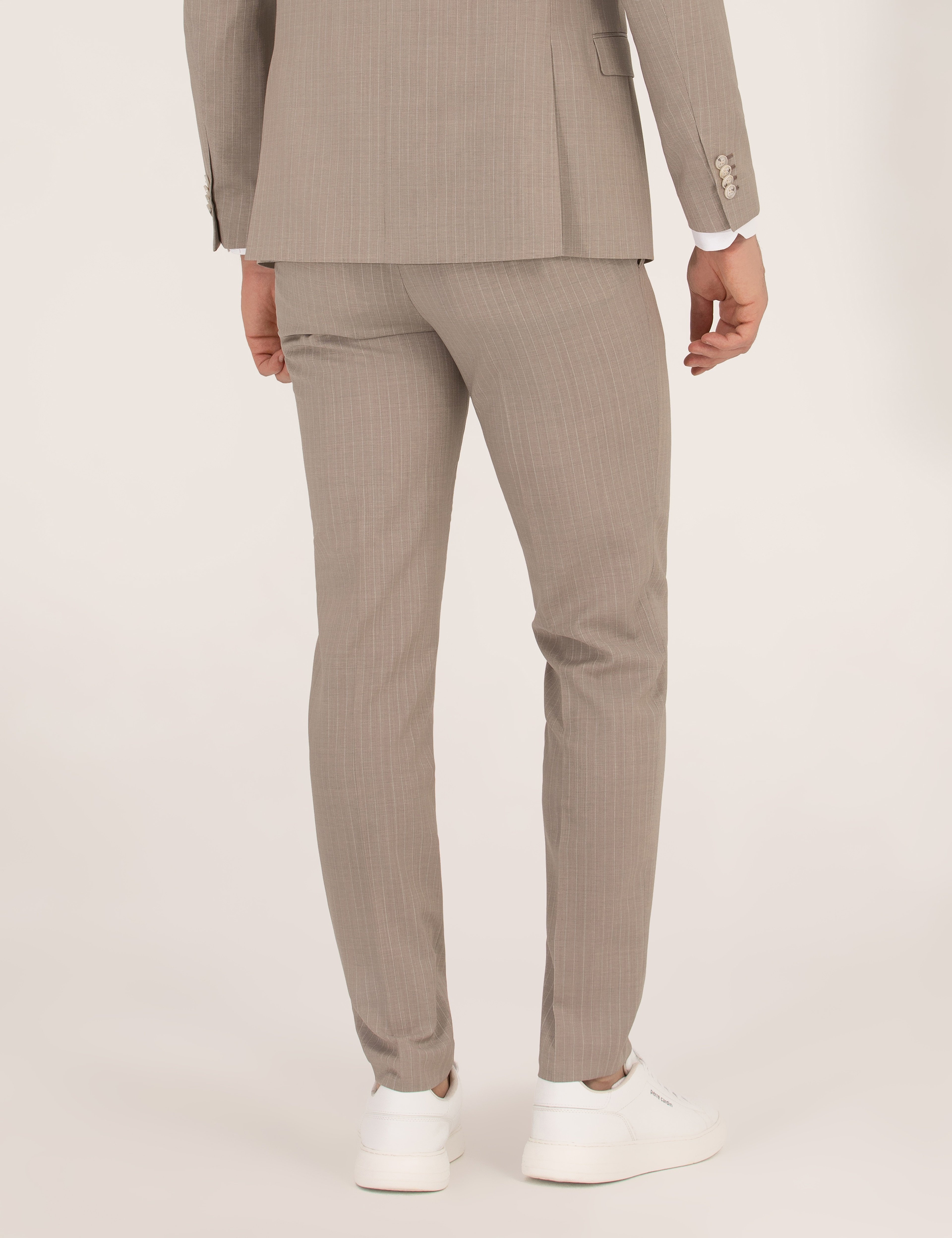 Bej Çizgili Ekstra Slim Fit Yün Takım Elbise