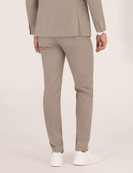 Bej Çizgili Ekstra Slim Fit Yün Takım Elbise - 50264967044