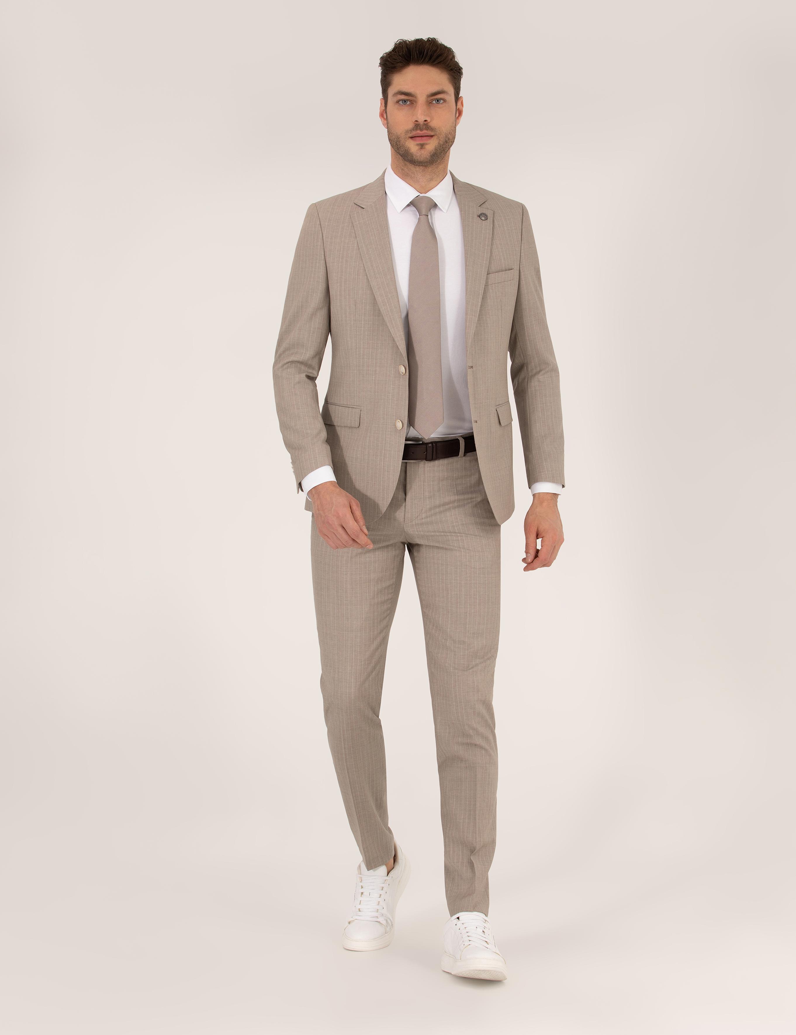 Bej Çizgili Ekstra Slim Fit Yün Takım Elbise