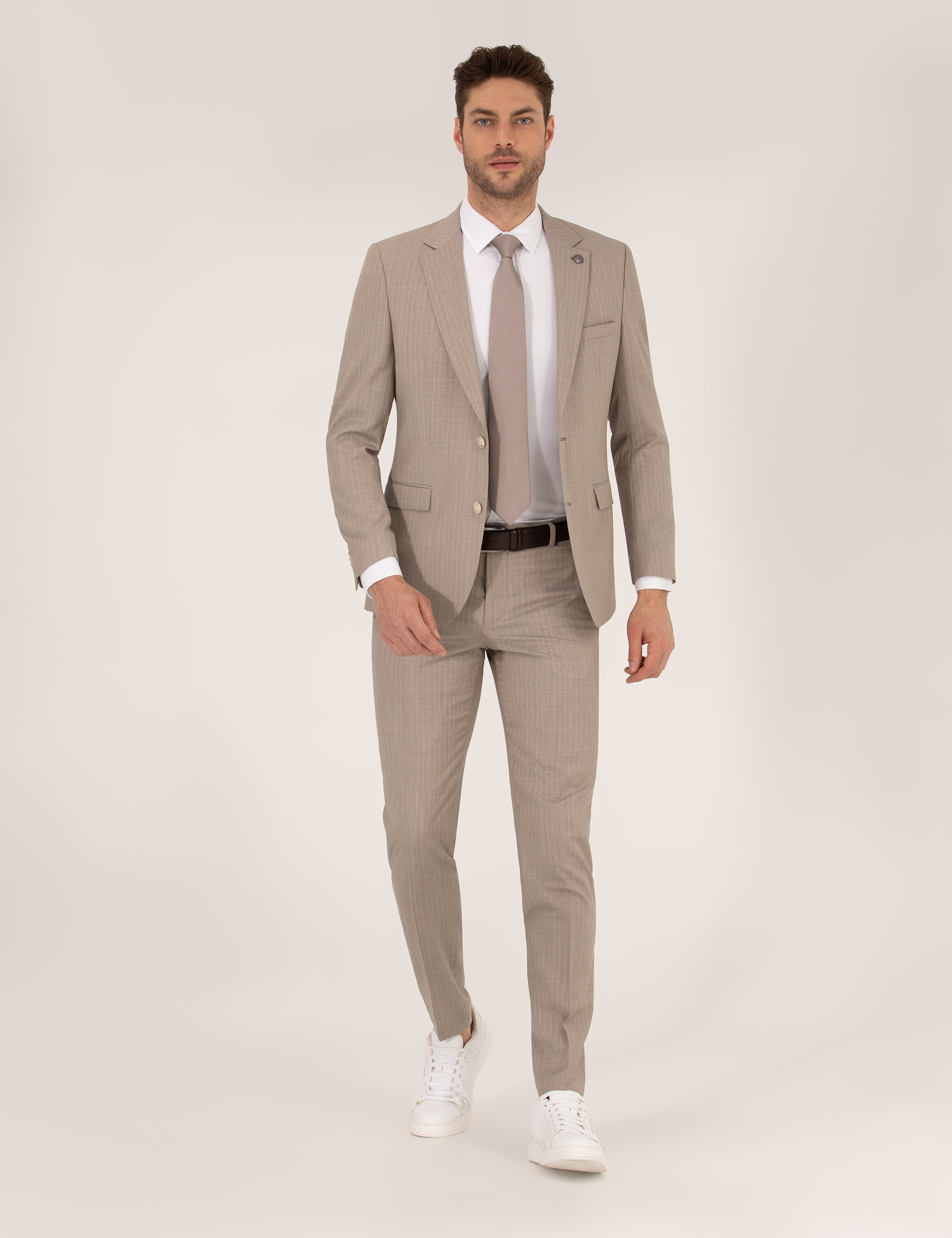 Bej Çizgili Ekstra Slim Fit Yün Takım Elbise