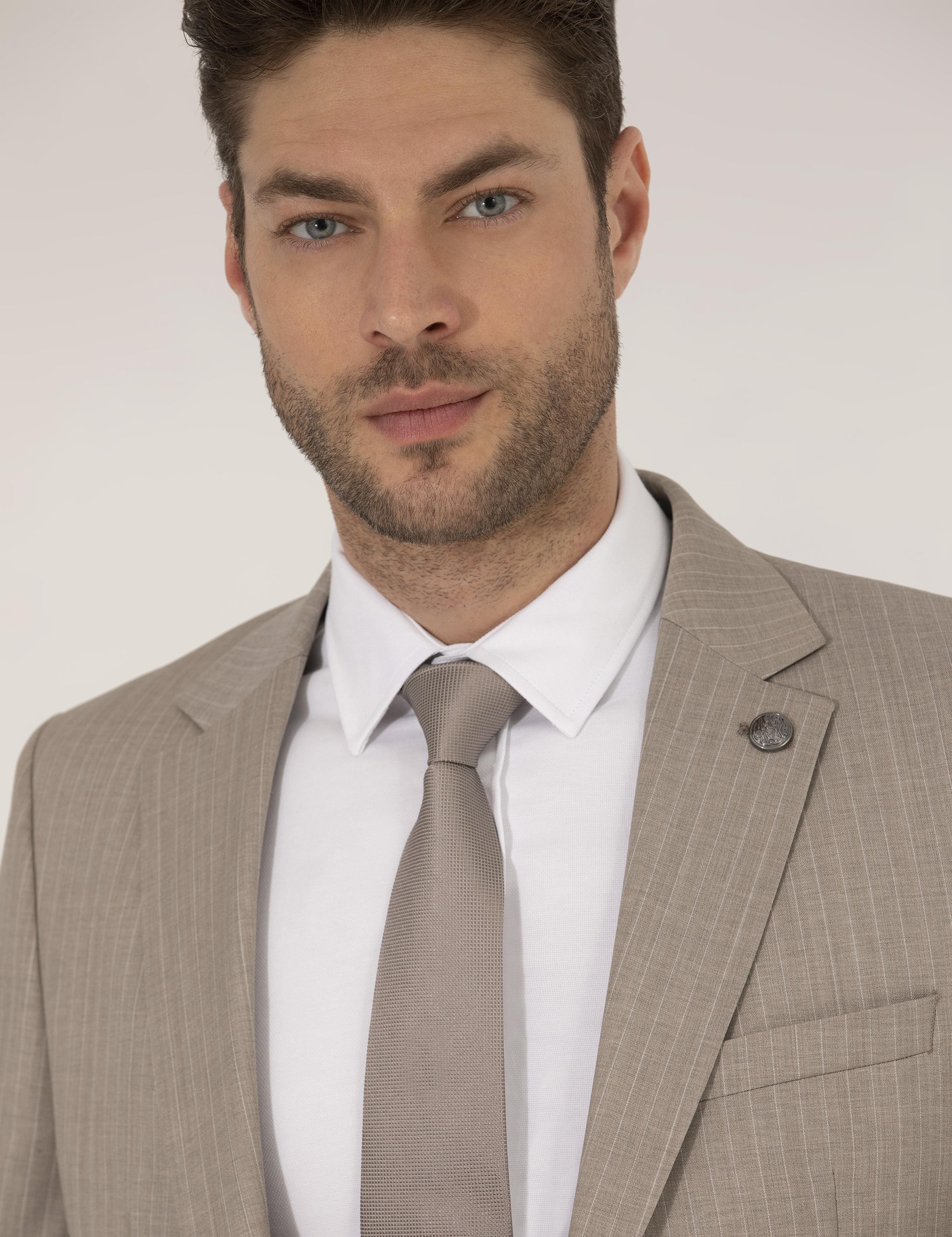 Bej Çizgili Ekstra Slim Fit Yün Takım Elbise