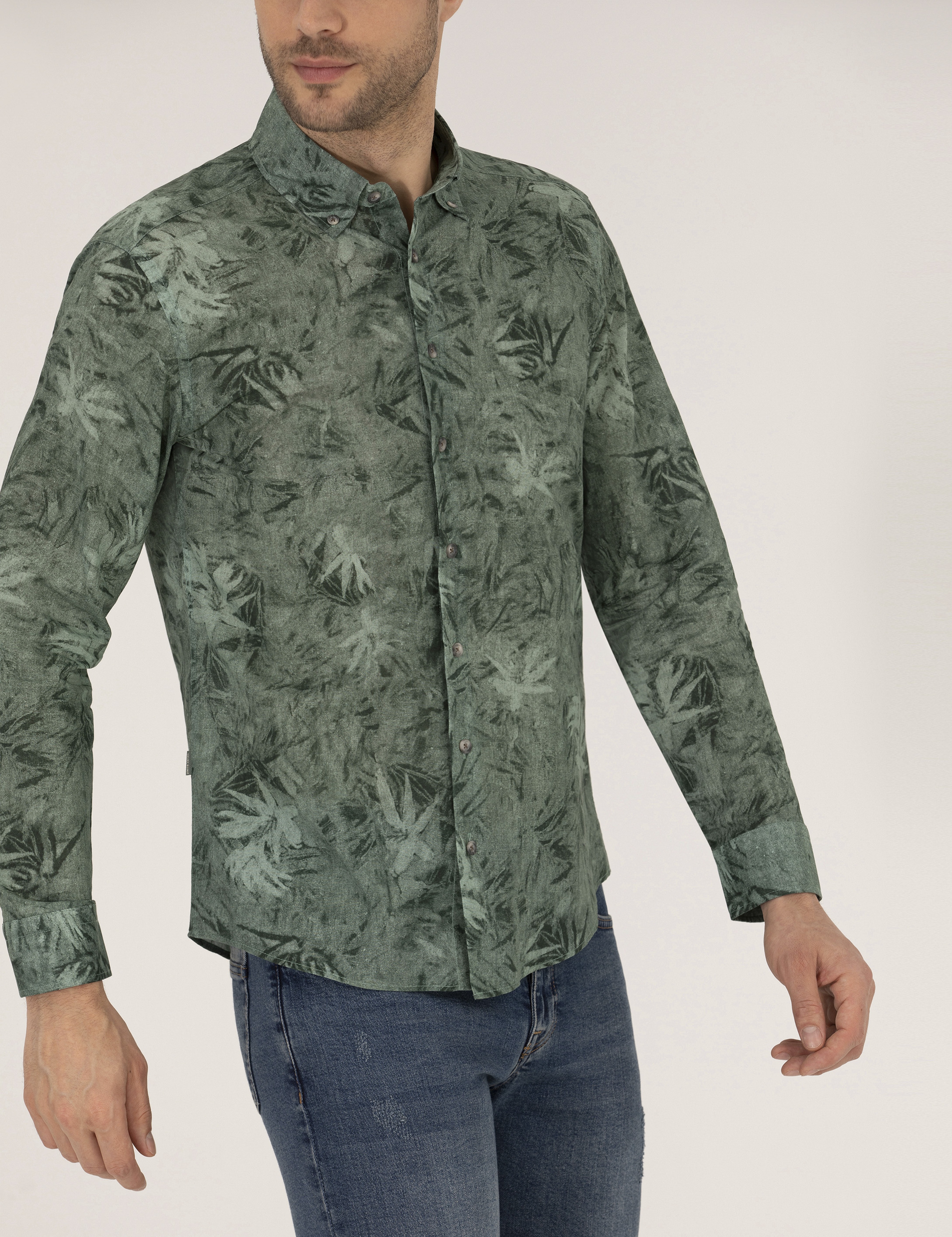 Haki Slim Fit Uzun Kollu Gömlek - Image 6