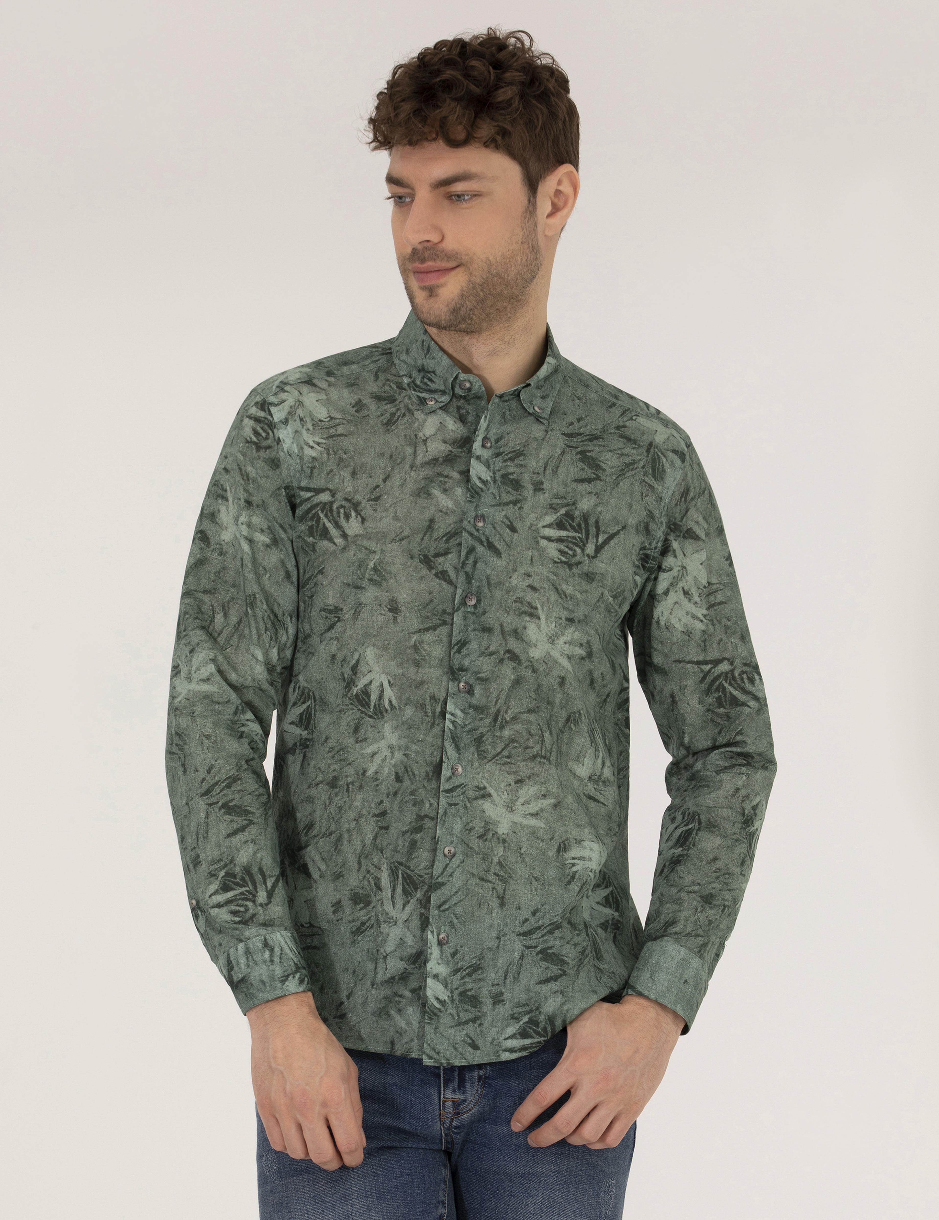 Haki Slim Fit Uzun Kollu Gömlek - Image 1