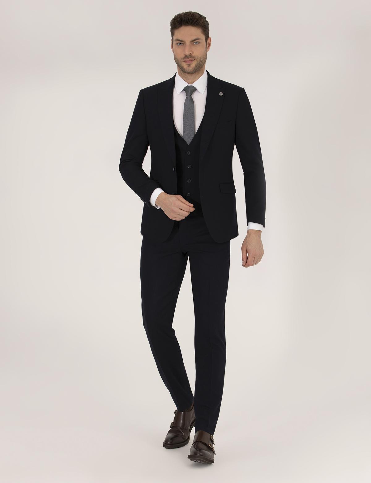 Lacivert Yelekli Ex. Slim Fit Takım Elbise