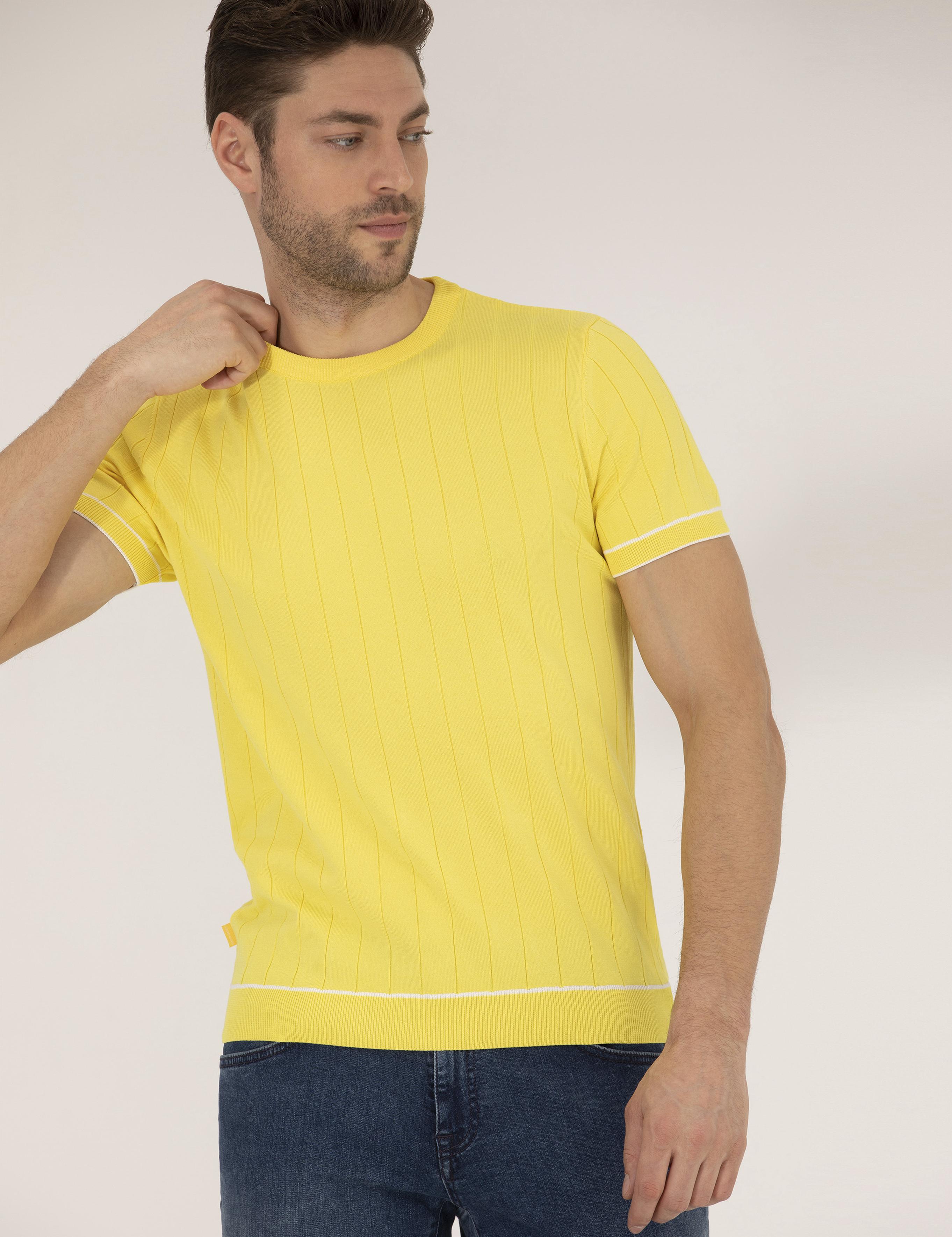 Açık Sarı Slim Fit Bisiklet Yaka Triko Tişört