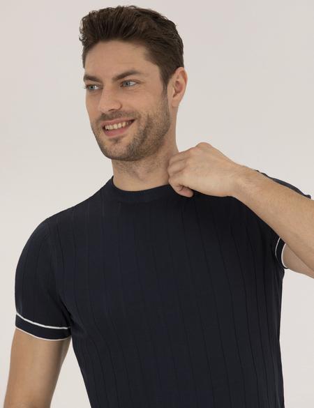 Koyu Lacivert Slim Fit Bisiklet Yaka Triko Tişört - 50268875048