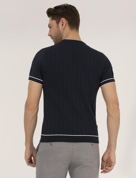 Koyu Lacivert Slim Fit Bisiklet Yaka Triko Tişört - 50268875048