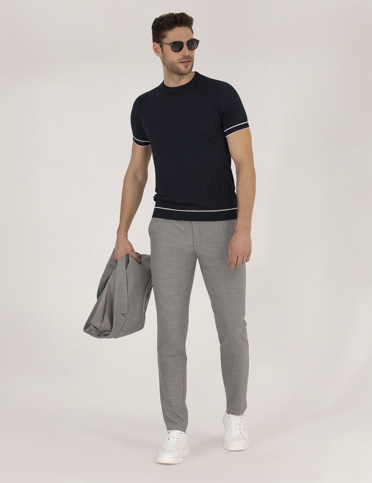 Koyu Lacivert Slim Fit Bisiklet Yaka Triko Tişört - 50268875048