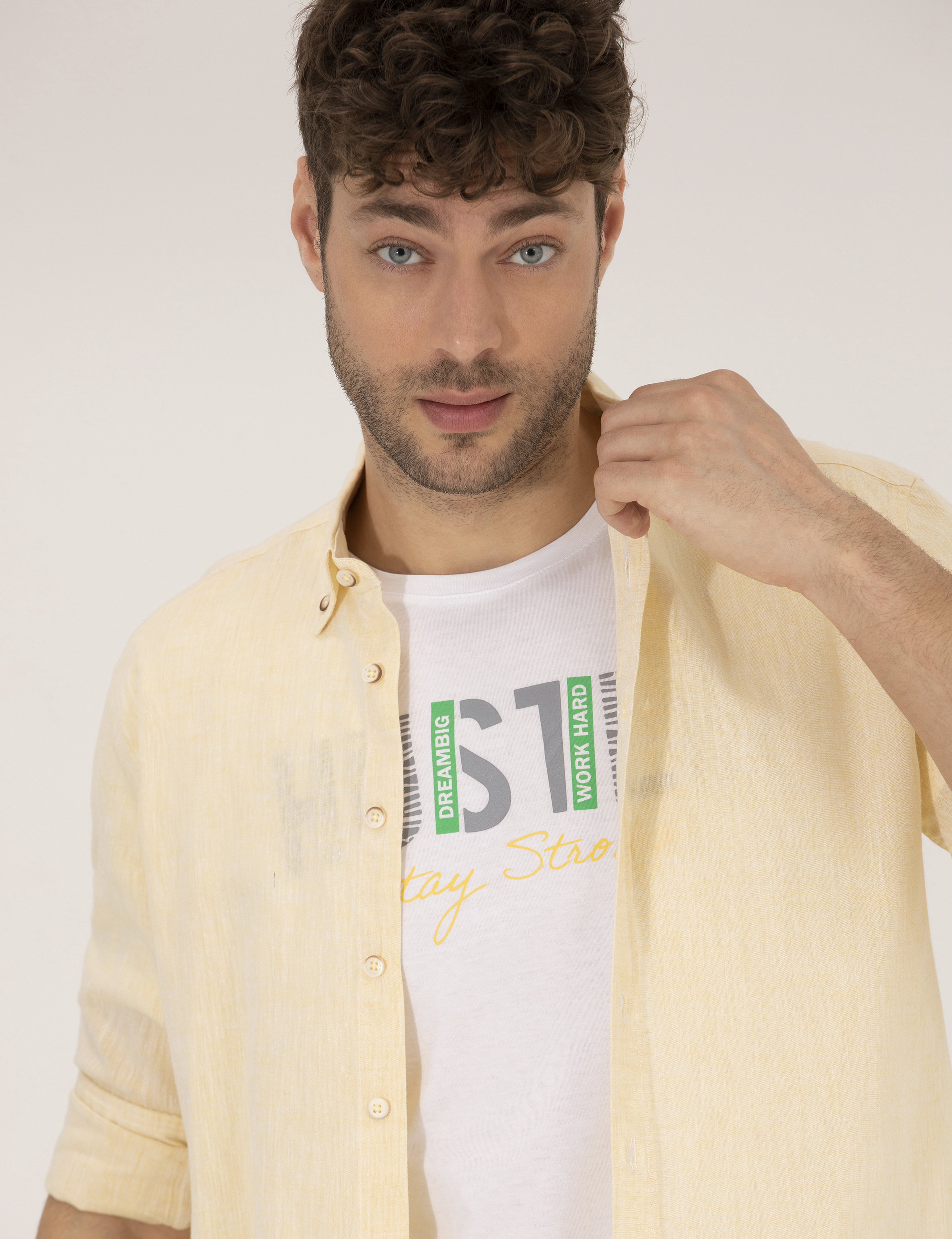 Sarı Regular Fit Uzun Kollu Gömlek - Image 3
